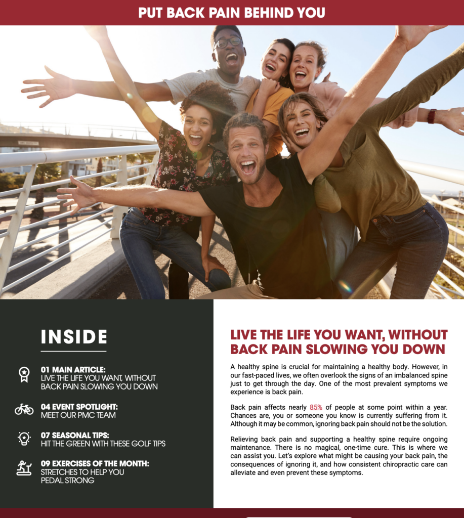 Infographic with group pf people smiling saying "Put back pain behind you"